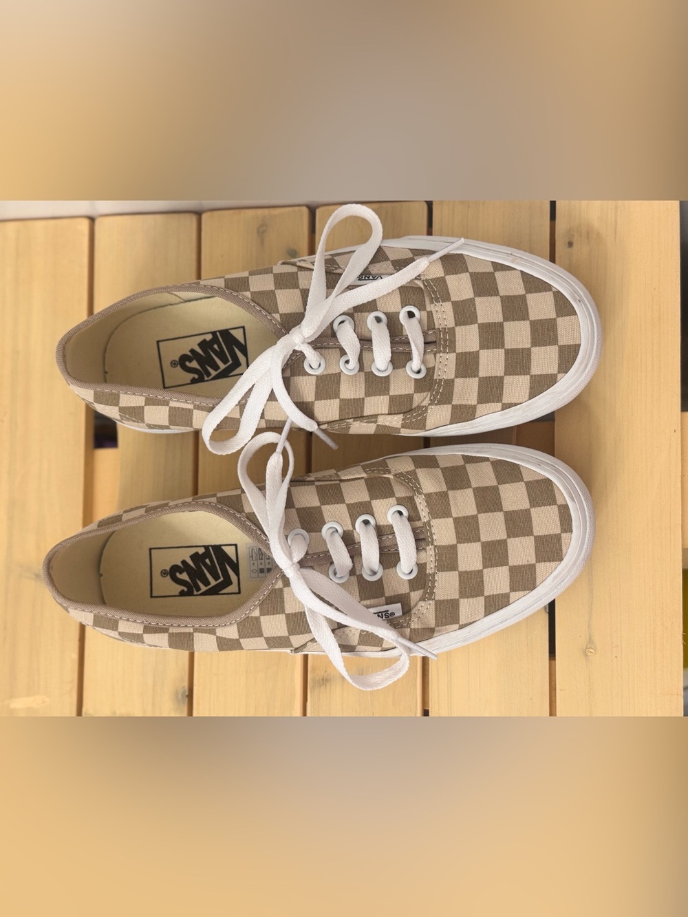 Vans Women’s Taupe and White Checkerboard Authentic Sneakers
